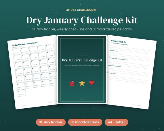 Dry January Challenge Kit, 31 Day Tracker + 31 Mocktail Recipe Cards, Printable Sober Curious Gift, Alcohol Free Month