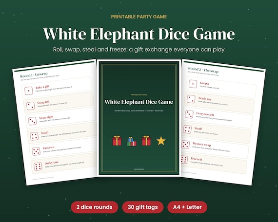 White Elephant Gift Exchange Game, Dice Game + Steal Rules Cards, Printable Christmas Party Game for Office, Family & Friends