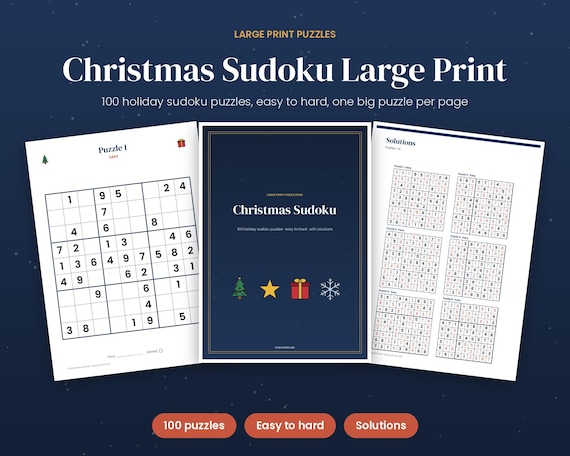 Christmas Sudoku Large Print, 100 Holiday Sudoku Puzzles Easy to Hard with Solutions, Printable Gift for Seniors, Stocking Stuffer