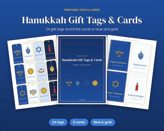 Hanukkah Gift Tags & Cards Printable, Chanukah Labels in Blue and Gold, Happy Hanukkah Card Set, Instant Download