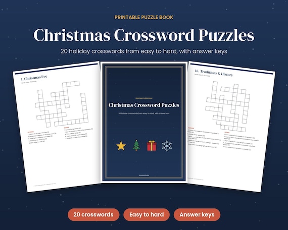 Christmas Crossword Puzzles, 20 Printable Holiday Crosswords with Answer Key, Easy to Hard, Christmas Party Game for Adults & Teens