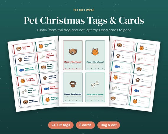 Pet Christmas Gift Tags & Cards, From the Dog and Cat Printable Labels, Funny Pet Holiday Tags, Dog Lover Gift Wrap