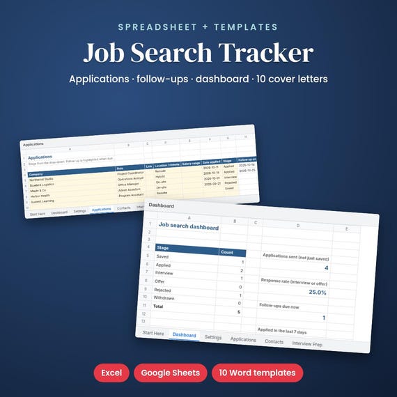 Job Search Tracker Spreadsheet + 10 Cover Letter Templates, Job Application Tracker, Job Hunt, Career Planner, Resume, Interview Prep