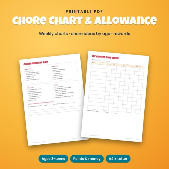 Kids Chore Chart & Allowance Tracker, Printable Routines + Rewards, Kids Chore Chart Printable, Reward Chart, Kids Routine, Money For Kids