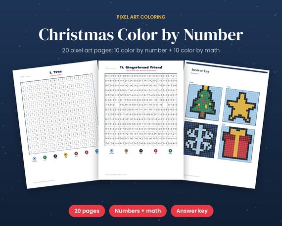 Christmas Color by Number for Kids, 20 Printable Pixel Art Pages, Math Coloring Worksheets, Classroom Holiday Activity