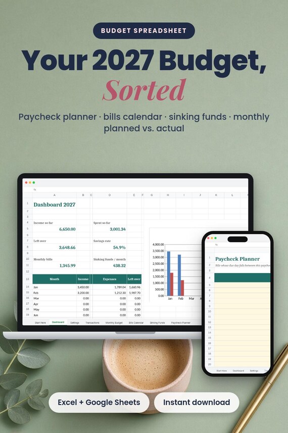 2027 Budget Spreadsheet, Paycheck Planner, Bills & Sinking Funds, Budget Spreadsheet 2027, Paycheck Budget, Bill Tracker, Zero Based Budget