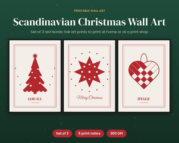 Scandinavian Christmas Wall Art Set of 3, Nordic Folk Art Prints, Printable Red Christmas Decor, Minimalist Holiday Posters