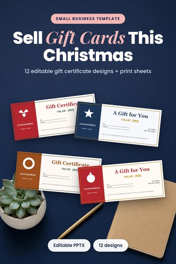 Holiday Gift Certificate Templates, 12 Editable Designs for Shops, Holiday Gift Card, Editable Voucher, Small Business Template