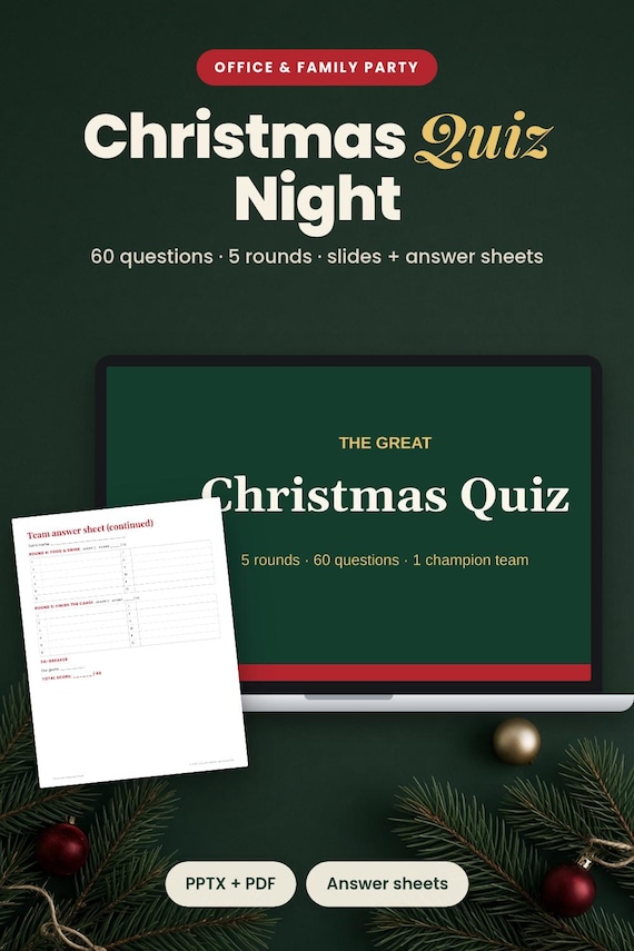 Office Christmas Party Quiz, 60 Questions, Slides + Answer Sheets, Christmas Quiz, Office Party Game, Christmas Trivia, Team Building