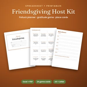 May include: A Friendsgiving Host Kit digital template set featuring a potluck planner, gratitude game cards, and place cards. The white sheets display black text on a brown background, including headers like Menu planner and Join us for Friendsgiving.