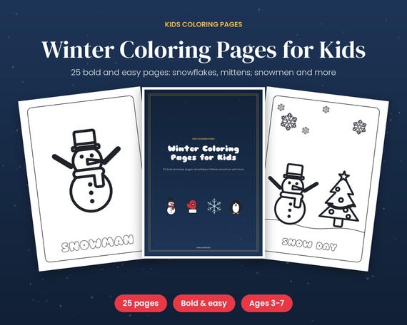 Winter Coloring Pages for Kids, 25 Bold & Easy Snowflake, Mitten and Snowman Pages, Printable Christmas Coloring Activity