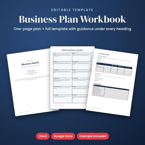 Business Plan Template, One-Page Plan + Full Workbook (Word/Docs), One Page Business Plan, Startup Plan, Business Workbook, Word Template