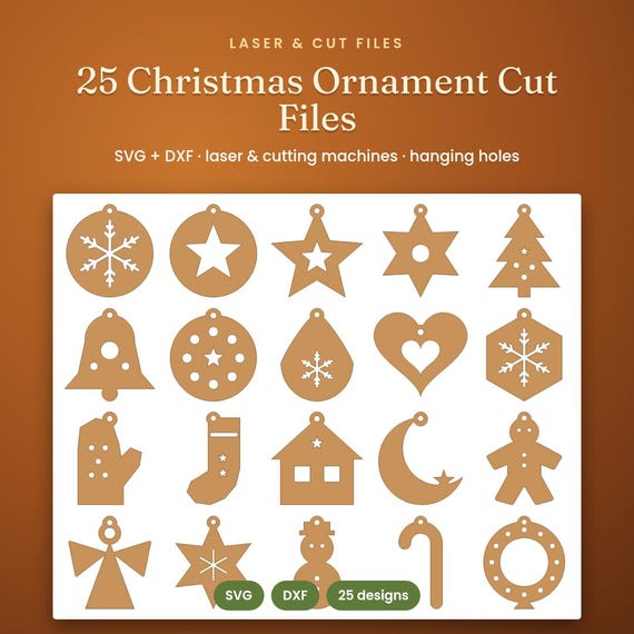 25 Christmas Ornament SVG & DXF Files, Laser Cut + Cricut, Laser Cut Files, Glowforge, Cricut Christmas, Svg Bundle, Wood Ornament