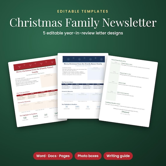 Christmas Family Newsletter Template, 5 Editable Year-in-Review, Christmas Newsletter, Christmas Letter, Year In Review, Editable Template