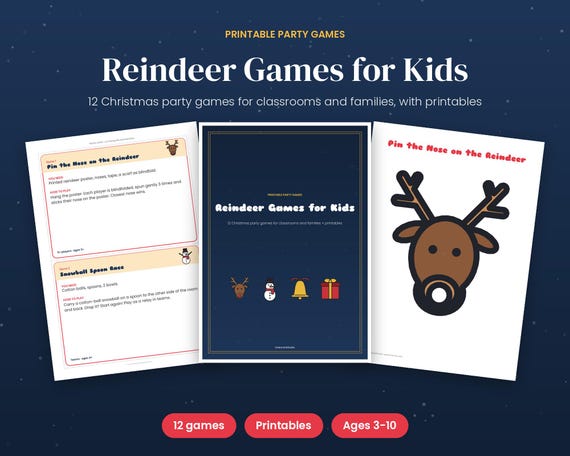Reindeer Games for Kids, 12 Printable Christmas Party Games for Classroom & Family, Minute Games, Relays and Activities