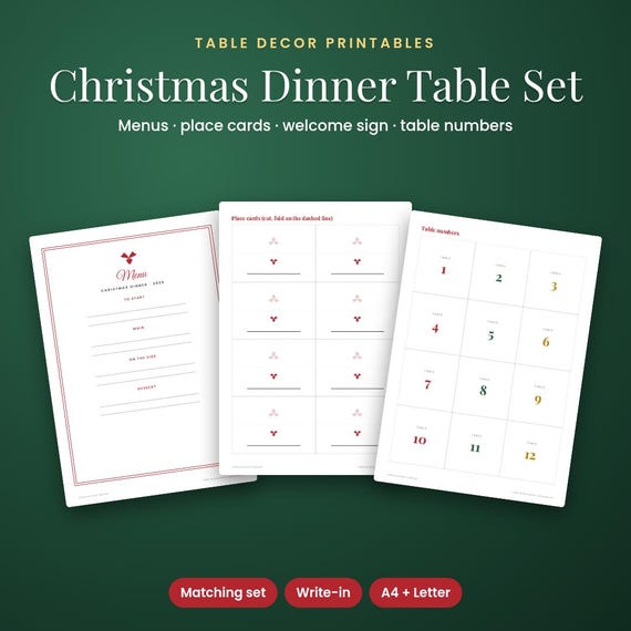 Christmas Dinner Table Printables, Menus, Place Cards & Signs, Christmas Table Decor, Place Cards Printable, Christmas Menu Template