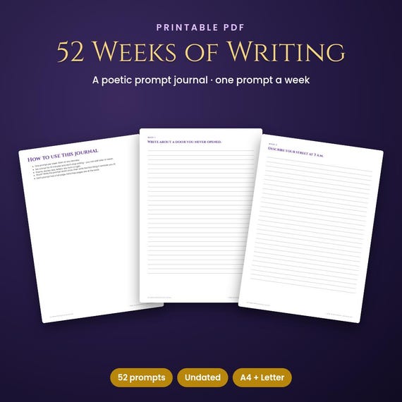 52 Weeks of Writing Prompts Journal, Printable PDF for Poets, Journal Prompts, Poetry Prompts, Creative Writing Journal, Weekly Journal