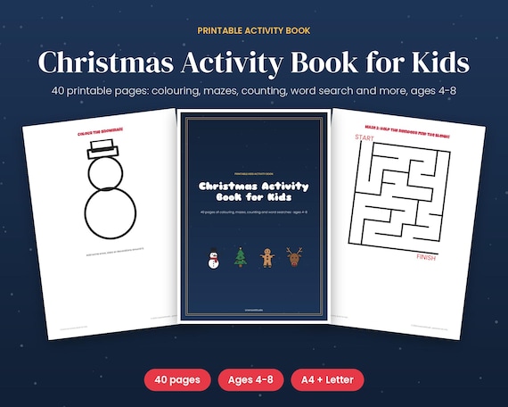 Christmas Activity Book for Kids, 40 Printable Pages: Mazes, Coloring, Counting & Word Search, Ages 4-8, Quiet Time Pack