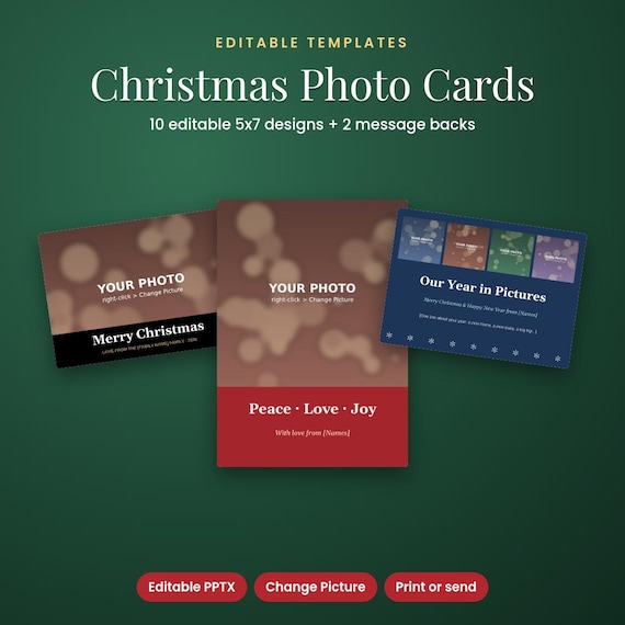 Christmas Photo Card Templates, 10 Editable 5x7 Designs, Editable Template, Christmas Card Template, Holiday Card, Family Christmas Card