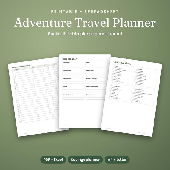 Adventure Travel Planner & Bucket List, Printable + Savings Sheet, Trip Planner Printable, Packing List, Travel Journal, Itinerary Template
