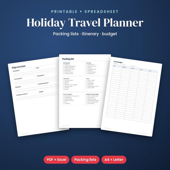 Holiday Travel Planner, Packing List, Itinerary & Budget Printable, Packing List Printable, Christmas Travel, Trip Planner, Travel Budget