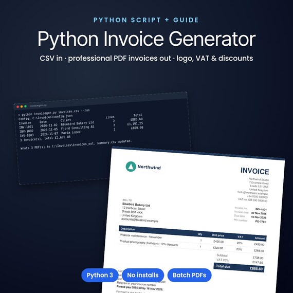Python Invoice Generator, CSV to PDF Invoices, Batch + VAT, Freelancer Tool, Batch Invoices, Vat Invoice, Python Script, Freelancer Tools