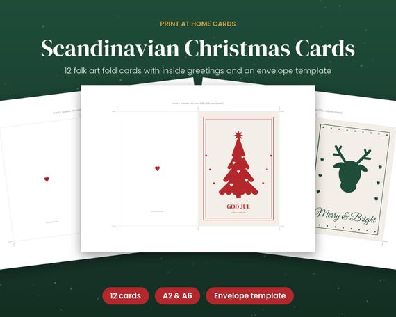 Printable Christmas Cards, 12 Folk Art Fold Cards with Envelope Template, Scandinavian Holiday Card Set, Print at Home, A2 & A6