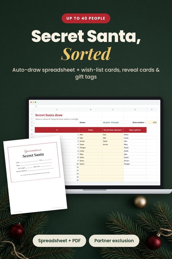 Secret Santa Organizer Kit, Auto-Draw Sheet + Printable Cards, Secret Santa Generator, Gift Exchange, Office Christmas Party, White Elephant