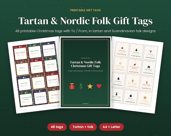 Christmas Gift Tags Printable, 48 Tartan & Nordic Folk Tags, Scandinavian Christmas Labels, Rustic Kraft Gift Wrap Tags