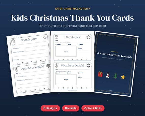 Kids Christmas Thank You Cards, Printable Fill in the Blank Thank You Notes, Coloring Cards for Children, After Christmas