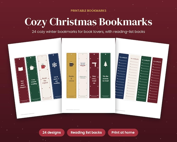 Christmas Bookmarks Printable, 24 Cozy Winter Book Lover Bookmarks, Reading Gift, Stocking Stuffer for Readers