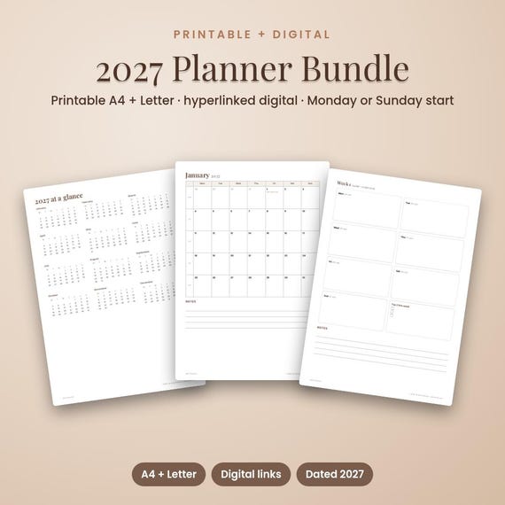 2027 Planner Bundle, Printable + Hyperlinked Digital Planner, Printable Planner 2027, Hyperlinked Planner, Goodnotes Planner, Weekly Planner