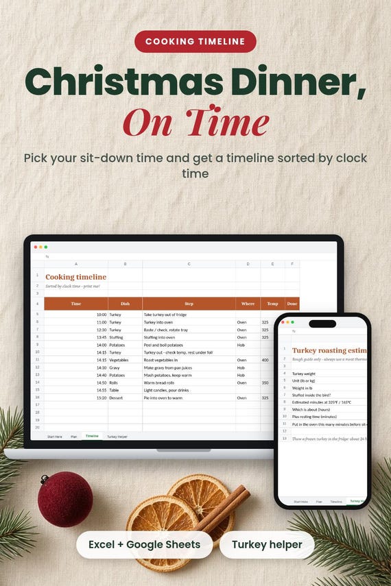 Christmas Dinner Timeline Spreadsheet, Holiday Cooking Schedule, Christmas Dinner Planner, Cooking Timeline, Thanksgiving Planner