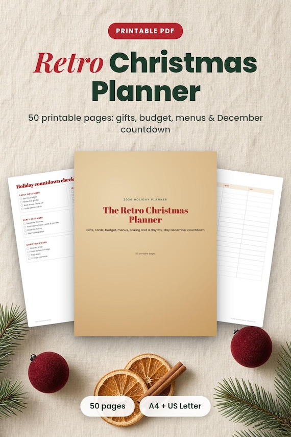 Retro Christmas Planner, 50-Page Printable Holiday Organizer, Christmas Planner Printable, Holiday Planner, Gift List Printable
