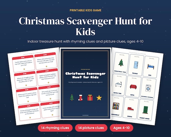 Christmas Scavenger Hunt for Kids, Indoor Picture Clue Treasure Hunt, Printable Christmas Morning Game, Ages 4-10, Rhyming Clues