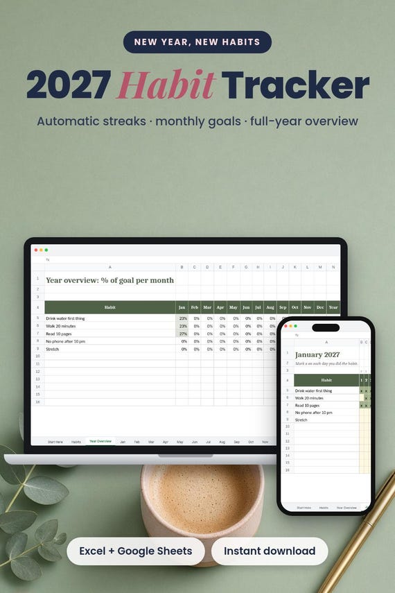 2027 Habit Tracker Spreadsheet, Streaks, Goals & Year Overview, Habit Tracker 2027, New Year Goals, Daily Habits, Goal Tracker