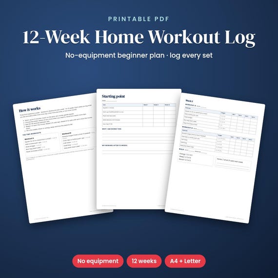 12-Week Home Workout Plan, No-Equipment Beginner Log (Printable), Workout Log, Beginner Workout, No Equipment Workout, 12 Week Program