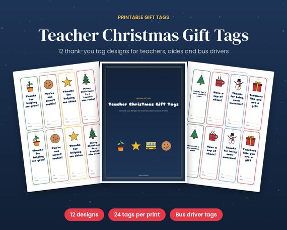 Teacher Christmas Gift Tags, Printable Thank You Tags for Teachers, Aides & Bus Drivers, Holiday Teacher Appreciation Labels