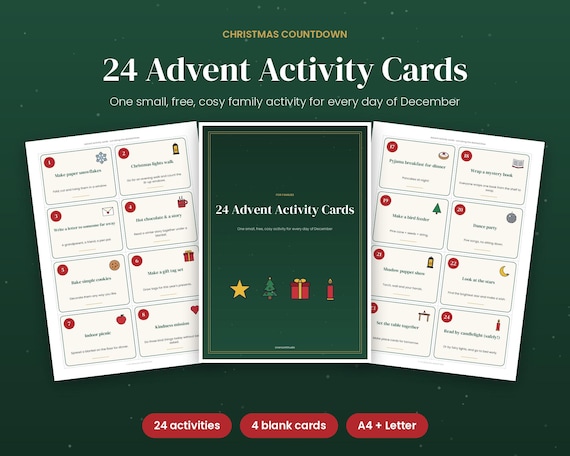 Advent Activity Cards, 24 Christmas Countdown Family Activities, Printable Advent Calendar Ideas, Cosy December Things to Do