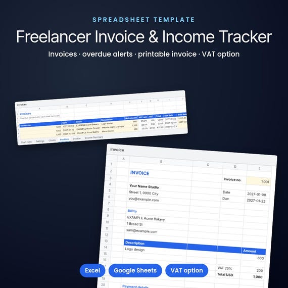 Freelancer Invoice Tracker Spreadsheet, Income + Invoice Template, Income Tracker, Small Business Bookkeeping, Vat Invoice, Excel Invoice