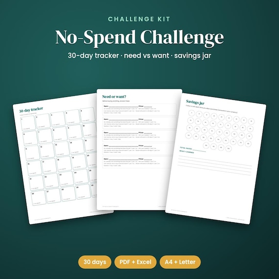 30-Day No-Spend Challenge Kit, Printable PDF + Excel Tracker, No Spend Challenge, No Spend November, Savings Challenge, Budget Printable