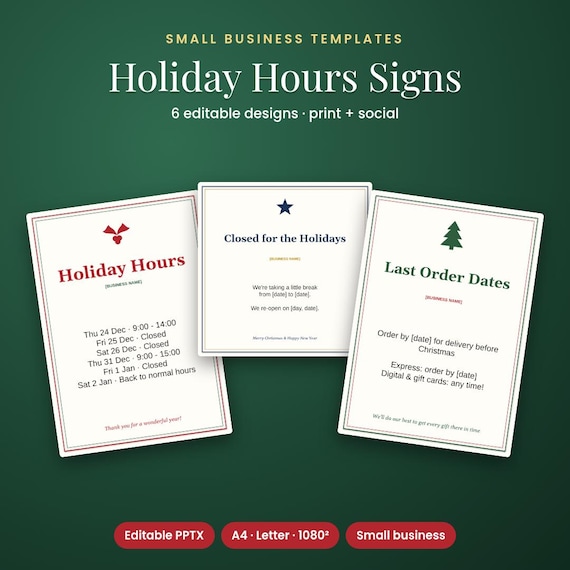 Holiday Hours Sign Templates, Shipping Deadline Signs for Shops, Christmas Opening Hours, Small Business Sign, Editable Sign Template