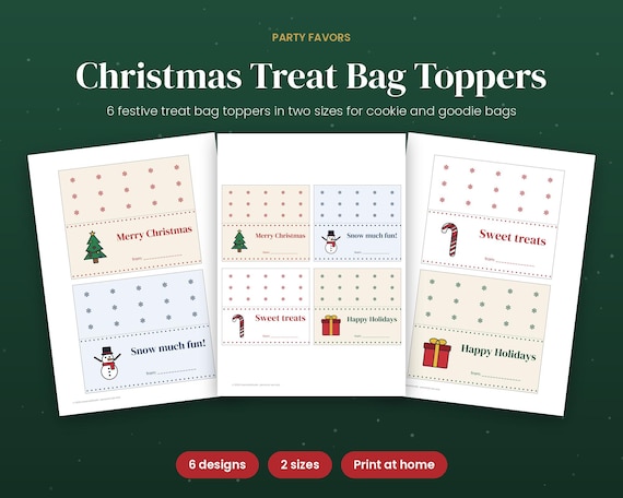 Christmas Treat Bag Toppers, Printable Goodie Bag Labels for Classroom & Party Favors, Cookie Bag Tags, 6 Designs