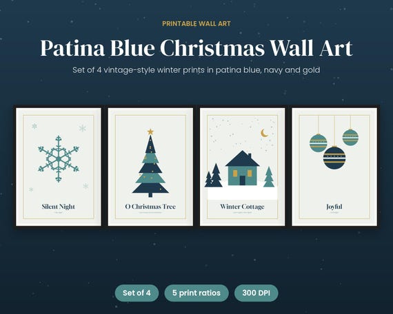 Blue Christmas Wall Art, Patina Blue Winter Prints Set of 4, Printable Snowflake & Tree Posters, Vintage Holiday Decor