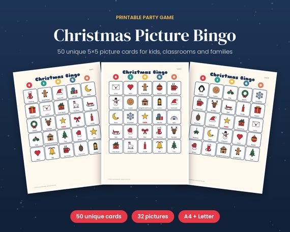 Christmas Bingo Game, 50 Picture Bingo Cards + Caller Cards, Printable Kids Christmas Party Game, Classroom Holiday Activity