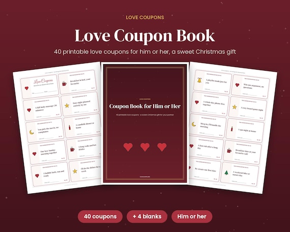 Coupon Book for Him or Her, 40 Printable Love Coupons, Christmas Gift for Boyfriend, Girlfriend, Husband, Wife, Stocking Stuffer