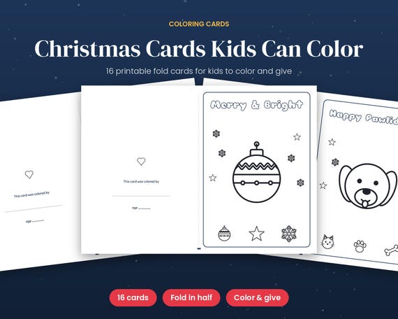 Christmas Cards Kids Can Color, 16 Printable Coloring Greeting Cards, DIY Holiday Cards from Kids to Grandparents