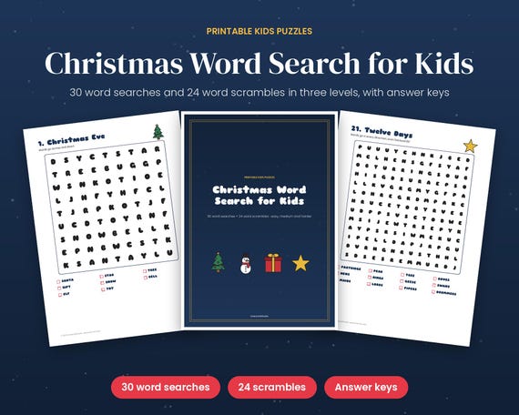 Christmas Word Search for Kids, 30 Printable Word Searches & Word Scrambles, Easy Holiday Puzzles, Classroom Christmas Activity