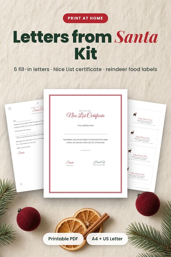 Letters from Santa Kit, Printable Fill-In Letters + Nice List, Letter From Santa, Santa Letter Printable, Nice List Certificate