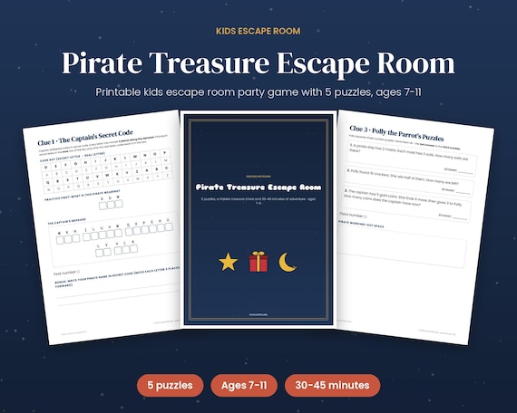 Kids Escape Room Printable, Pirate Treasure Escape Room Party Game Ages 7-11, Birthday or Holiday Puzzle Adventure